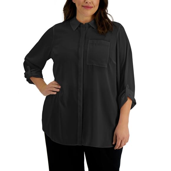 Alfani Women's Plus Size Utility Tunic roll Tab Sleeve Size 0X Black NWT - Picture 1 of 3